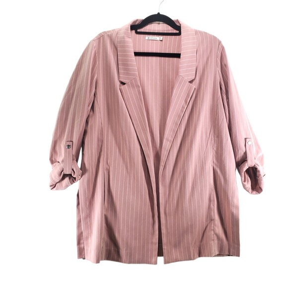 Stradivarius L Pink Pinstripe Lightweight Blazer Longline Tab Sleeve Stretch - Picture 1 of 11